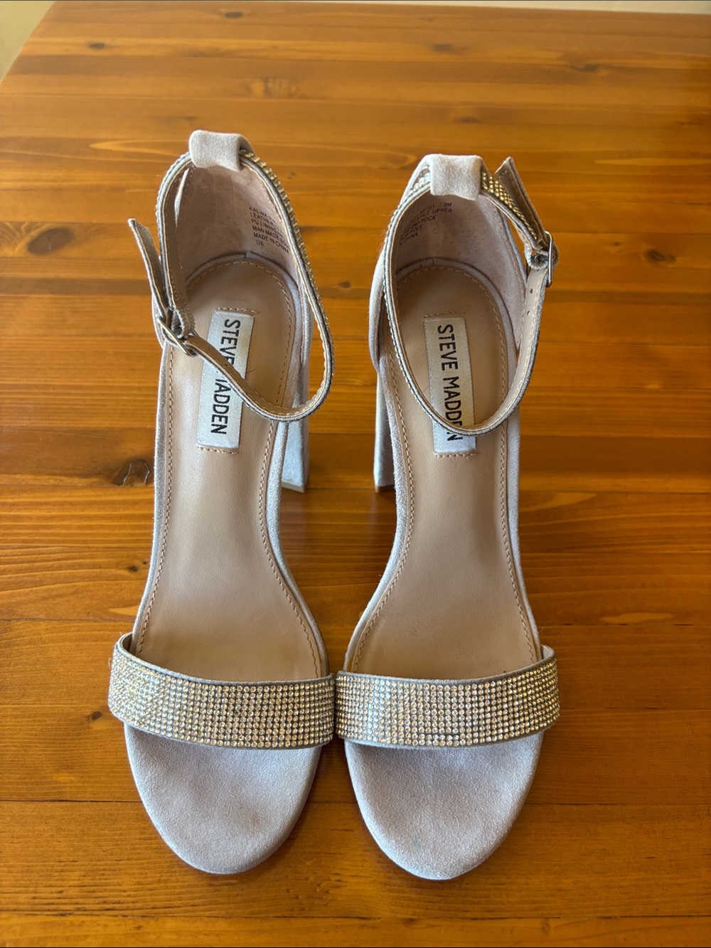 Steve Madden Silver Rhinestone Ankle-Strap Heels in Taupe color.
